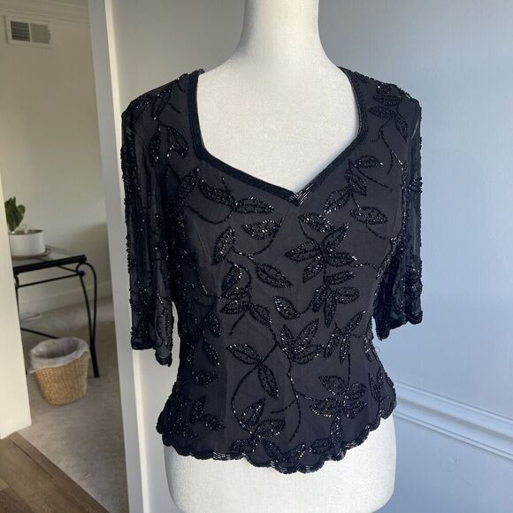 Vintage Small Beaded Black Blouse Sheer Sleeve Goth Steampunk Prom Event Lined - Picture 1 of 14